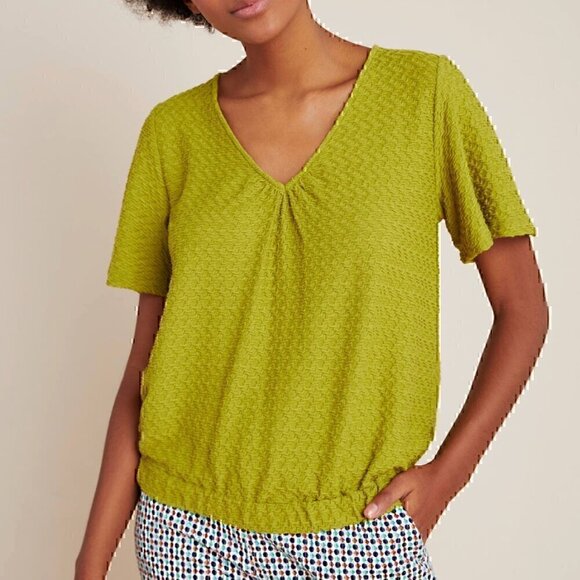 SUNDAY IN BROOKLYN ANTHROPOLOGIE ANTHRO Sidonie V-Neck Top Green Textured Blouse - Picture 2 of 12